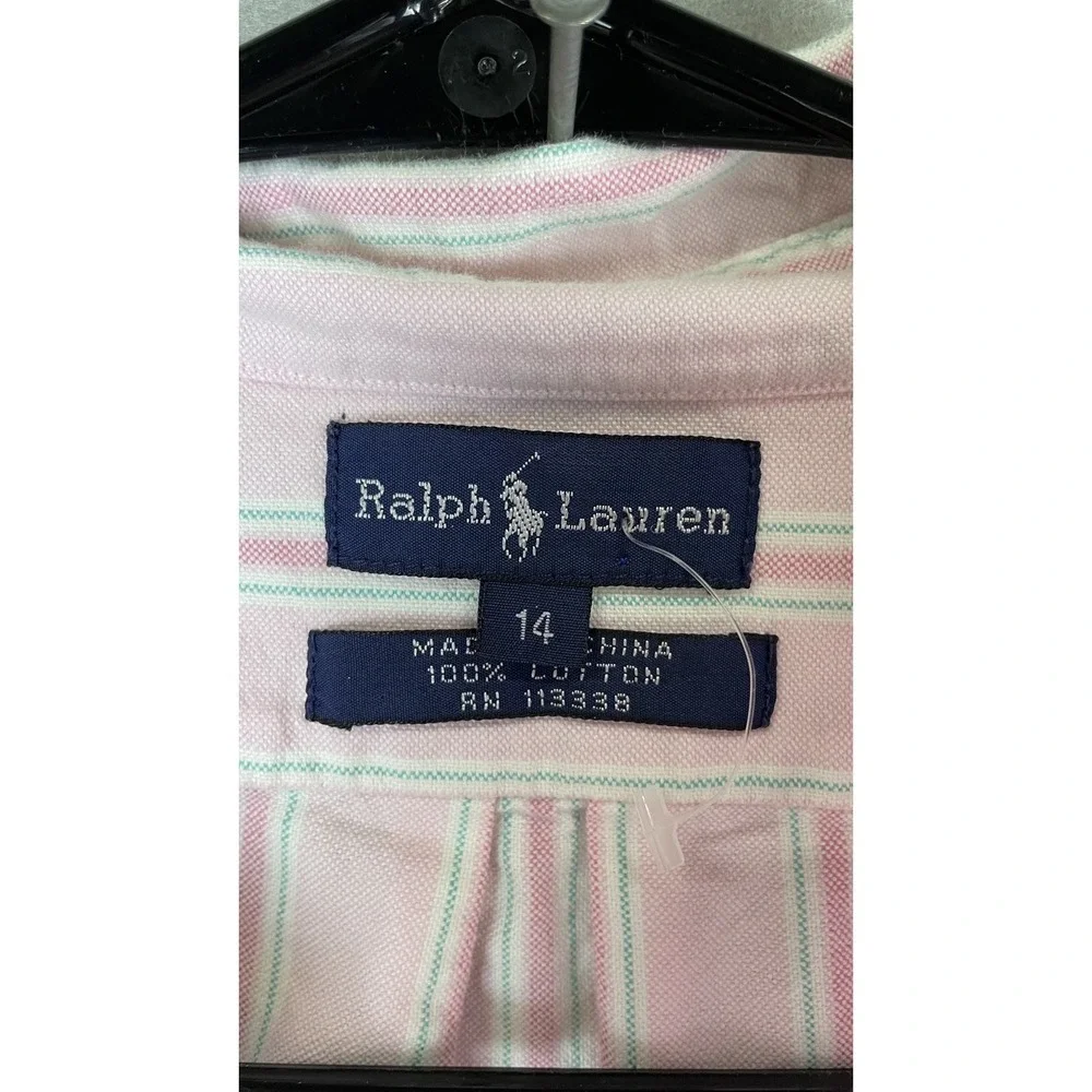 Ralph Lauren Shirt Youth 14 Pink Stripe Long Sleeve Button Down‎ Top Pony Logo